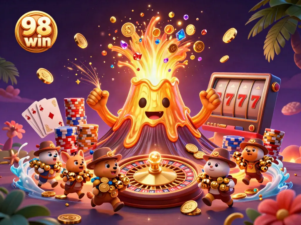 Experience the thrill of 98 win with treasures erupting from a golden volcano in a lively casino scene.