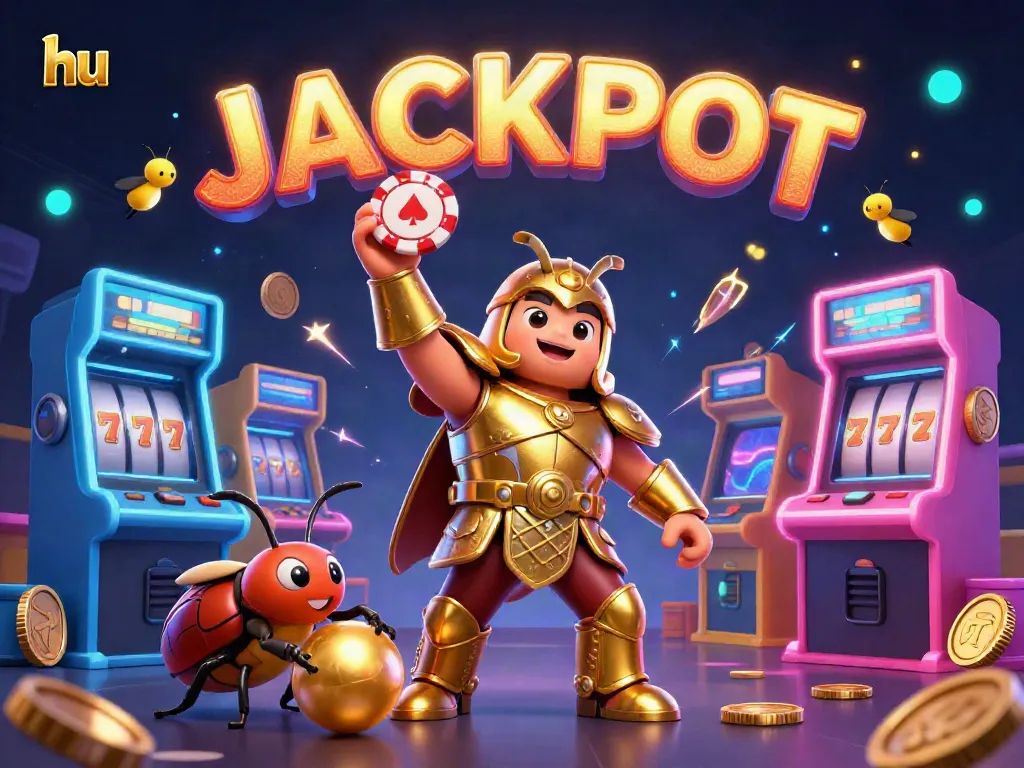 Experience the thrill at hu with a victorious golden beetle lifting a poker chip, amidst vibrant casino-themed elements.