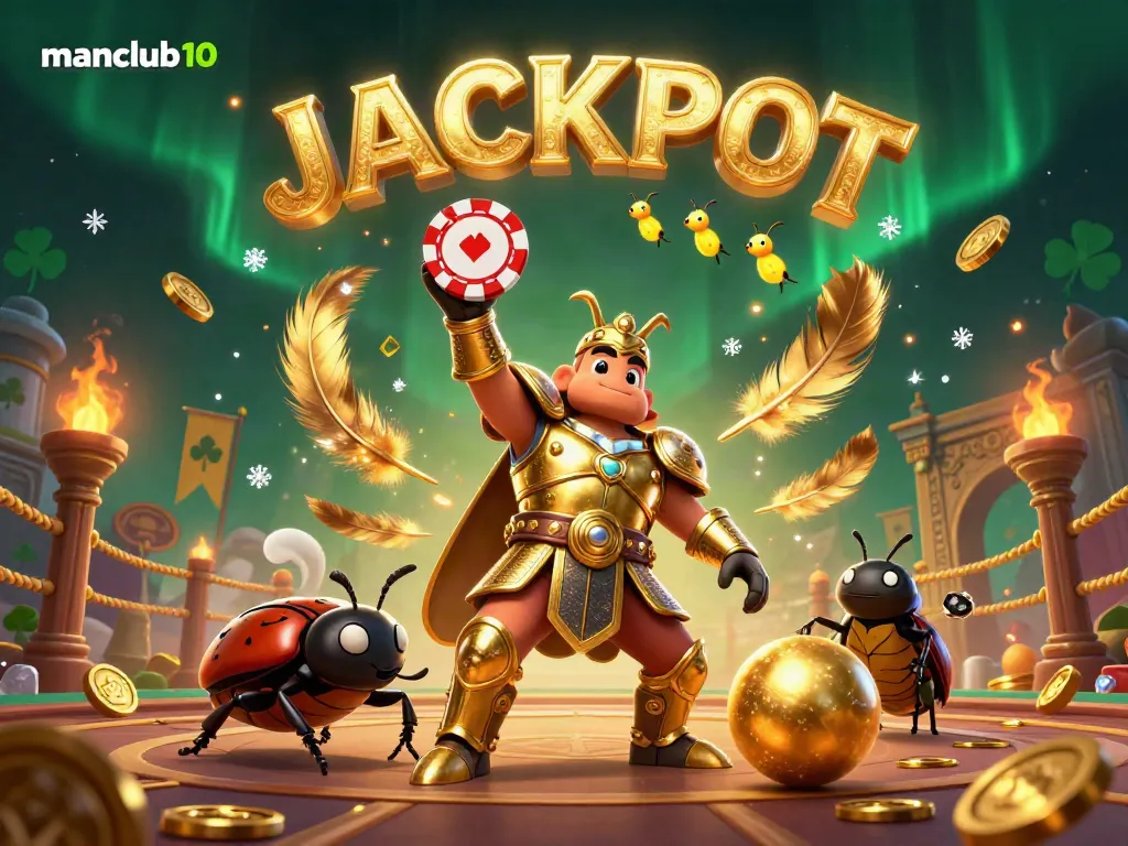 Experience the thrilling moment with manclub10 as a heroic beetle celebrates victory in a vibrant casino-themed 3D scene.