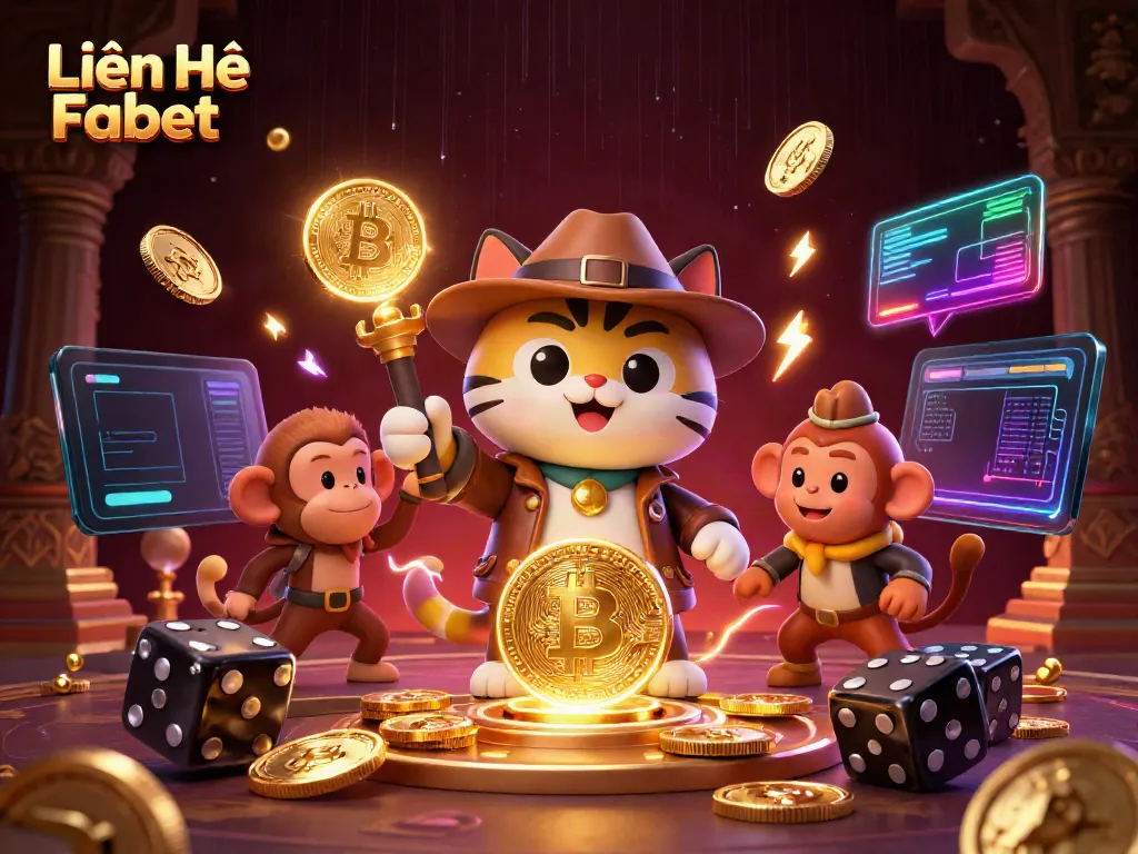 Engaging illustration depicting Liên Hệ Fabet with a cartoon archaeologist cat discovering casino treasures in a vibrant temple setting.