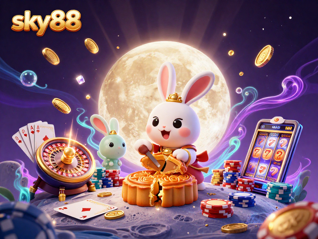Experience the excitement of sky88 with dynamic casino visuals featuring a moon rabbit, poker, and riches.