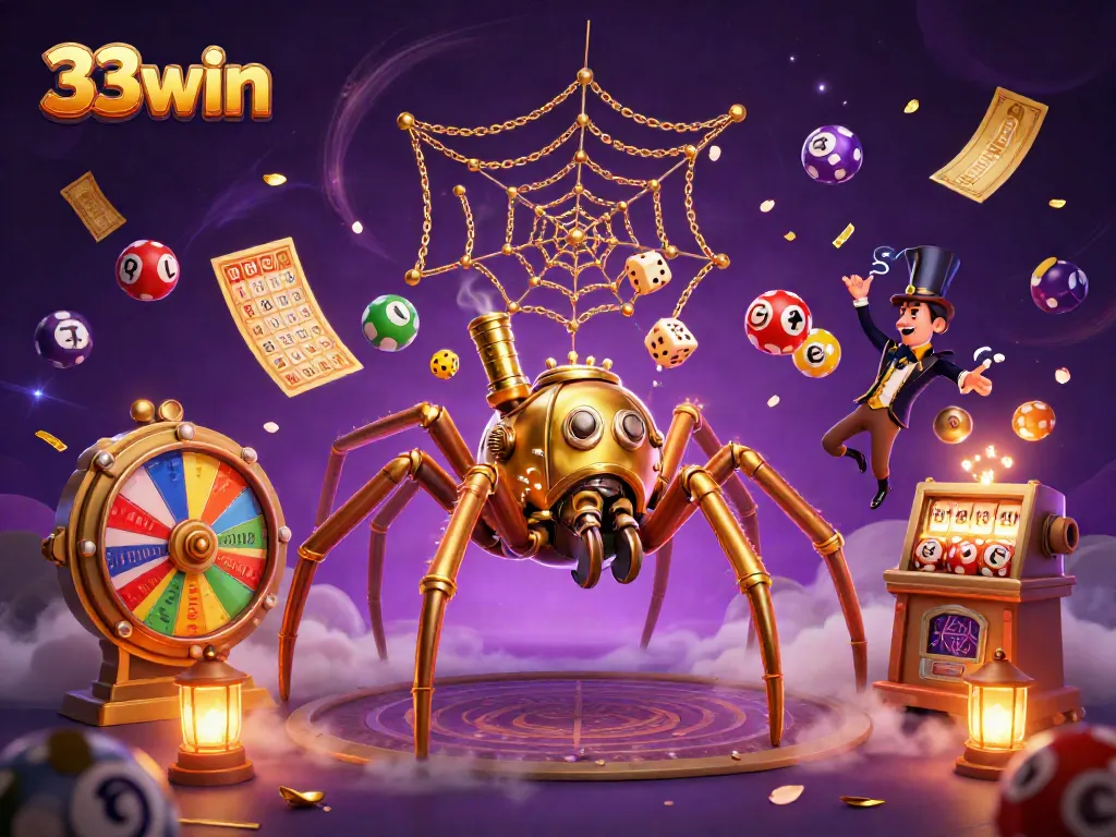 Engage with 33win's vibrant casino universe featuring a golden spider and amusing elements.