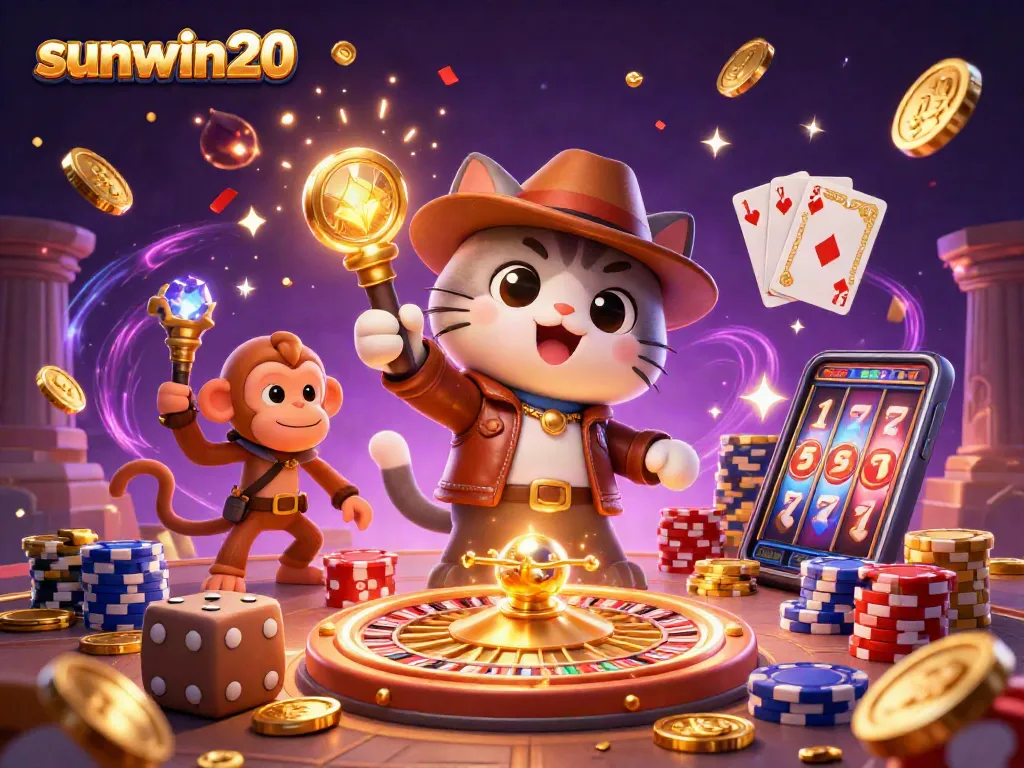 Experience winning thrills with the sunwin20 gaming adventure featuring a cat archaeologist amidst casino treasures.