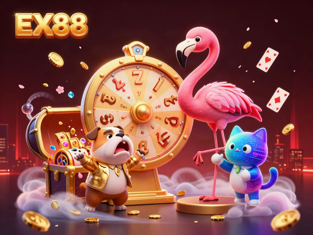 Engage with EX88's thrilling casino adventure featuring lively characters and exciting game elements.