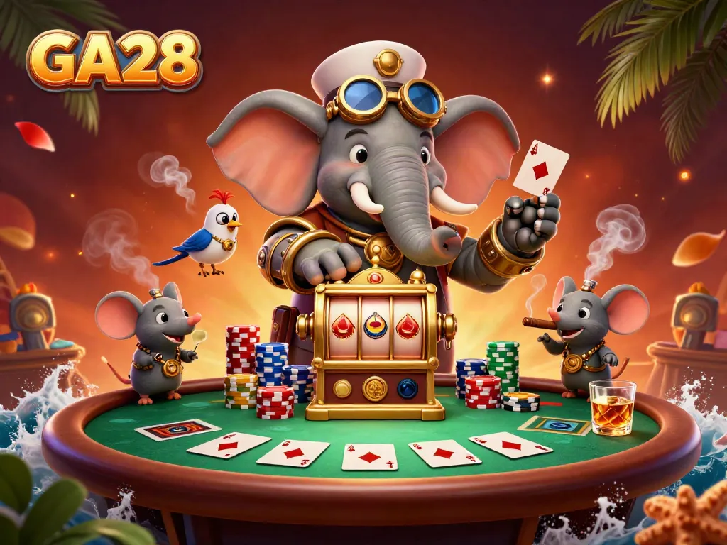 GA28 promotes dynamic gaming experience with a 3D steampunk elephant and colorful poker elements in play.