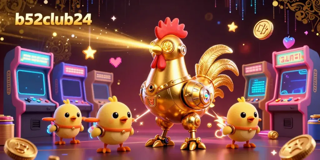 Explore vibrant gaming action with the b52club24 golden rooster robot and arcade elements.