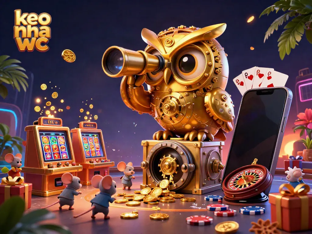 Experience keo nha cai wc with a vibrant 3D scene showcasing a clockwork owl and casino elements.