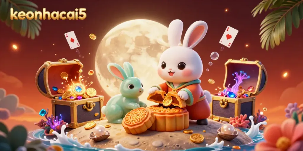 Experience keonhacai5 with a vibrant 3D moon rabbit scene revealing poker chips and treasure amidst a fantasy background.