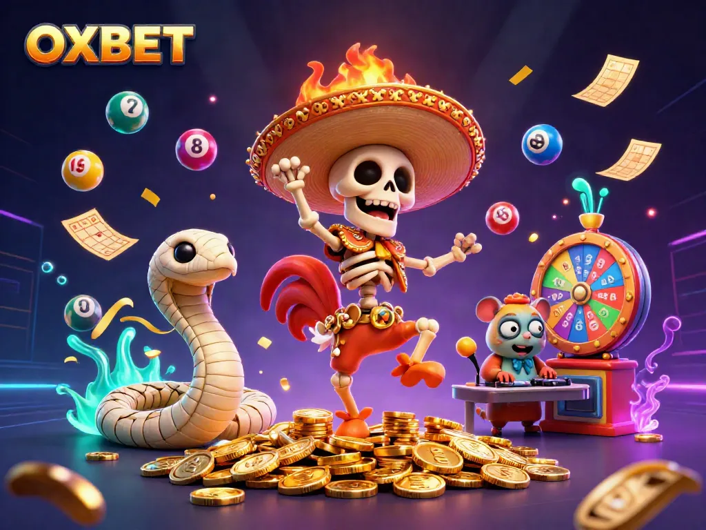 OxBET celebrates casino victories with a lively scene of a skeleton rooster on coins amid festive game elements