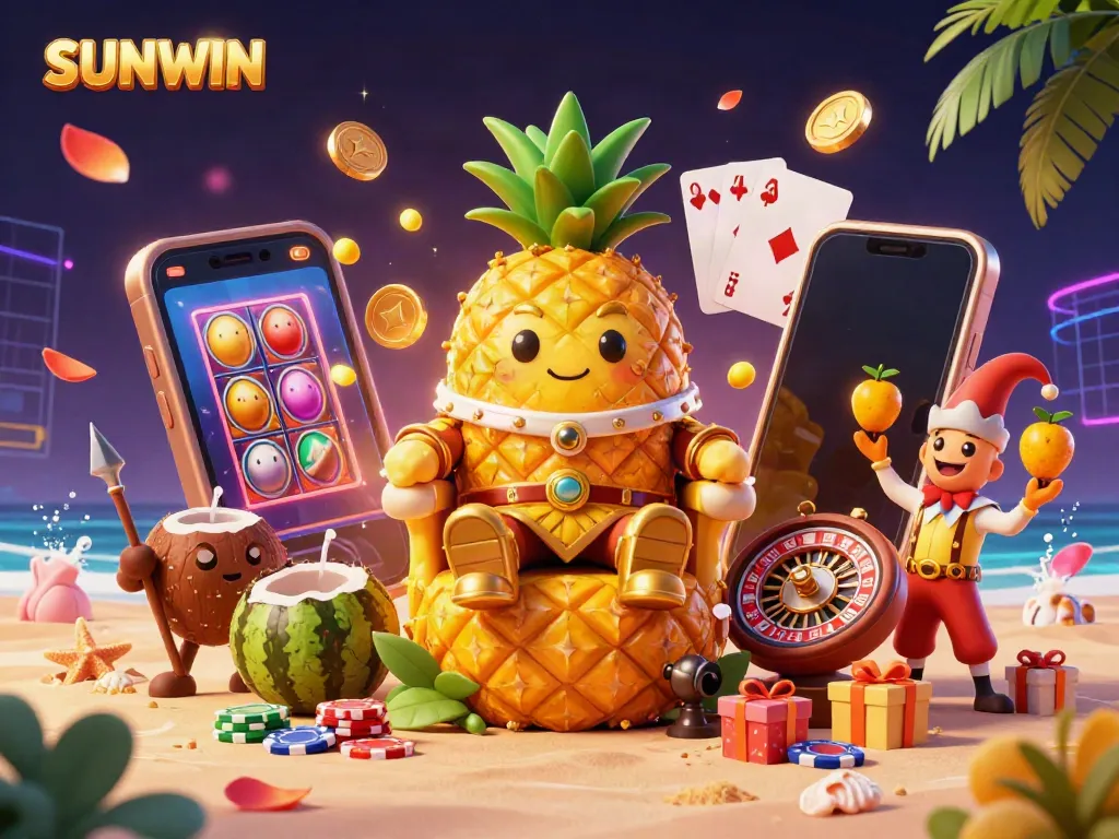SUNWIN's vibrant casino kingdom scene with a pineapple king, engaging game elements, and tropical theme.