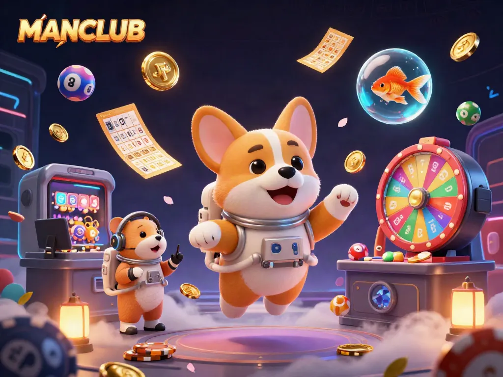 Engage in winning strategies with MANCLUB in a colorful casino scene featuring floating elements.