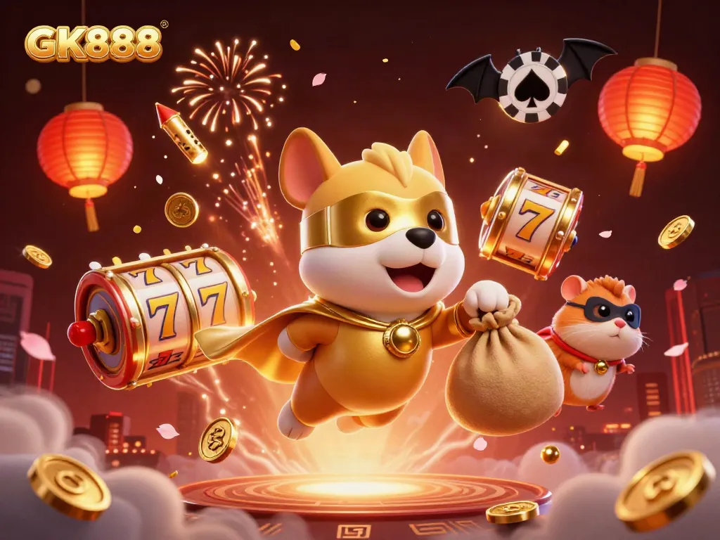 Experience the thrill of GK888 with a superhero dog flying among vibrant slot reels and shining gold coins.