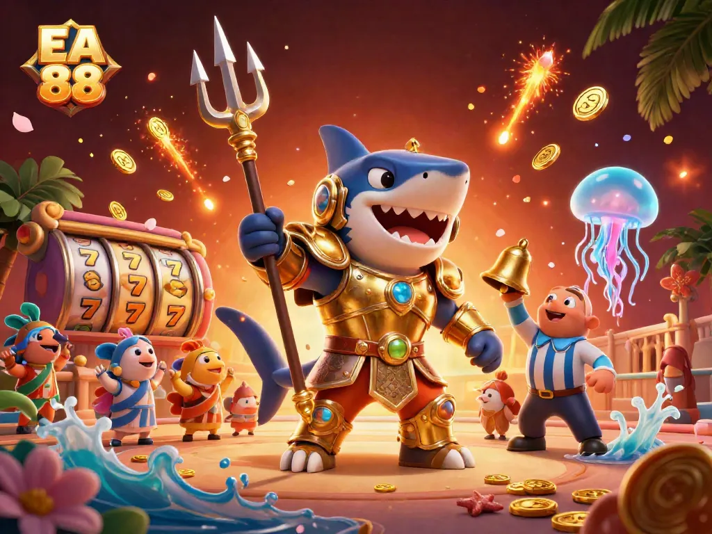 Engage with EA 88’s exciting underwater casino themed art featuring slot reels and a tiger shark.
