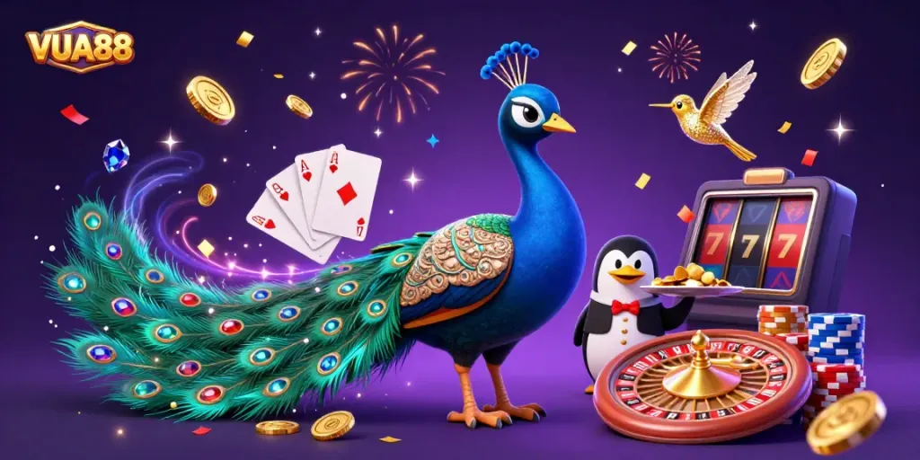 Experience VUA88's vibrant casino excitement with a peacock, penguin, and hummingbird in a dynamic scene of winning.