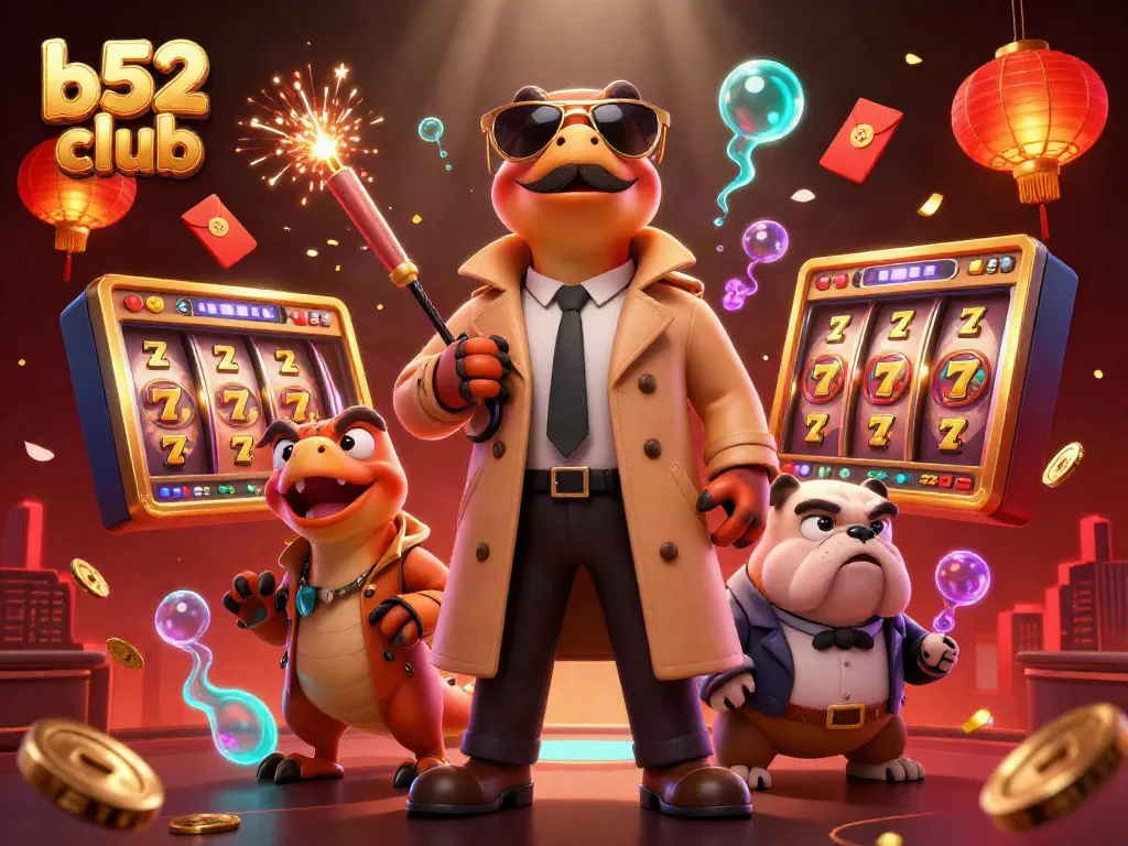 Experience excitement at b52 club as cartoon raptors in a trench coat try to enter a VIP casino with dynamic elements.