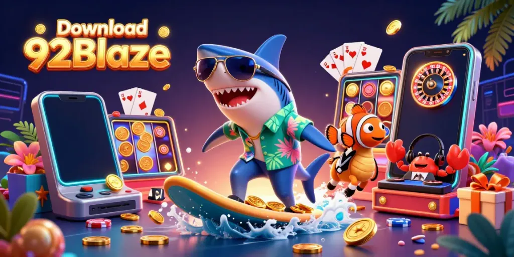 Experience the thrill of gaming with Download 92Blaze as vibrant characters interact in a casino scene.