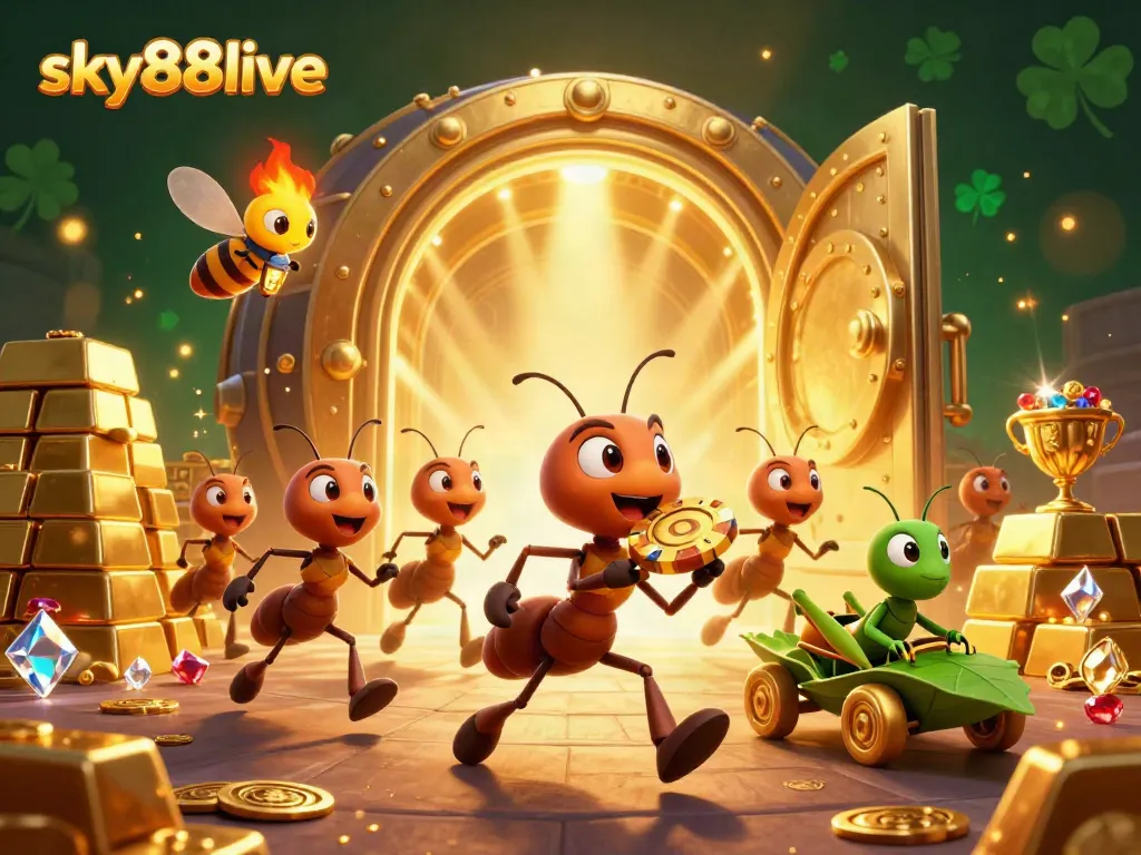 Experience fun with sky88live as cartoon ants navigate a dazzling casino treasure heist scene.