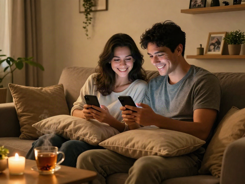 Couple engaging in a sex chat on their smartphones, cozy atmosphere with tea and candles.