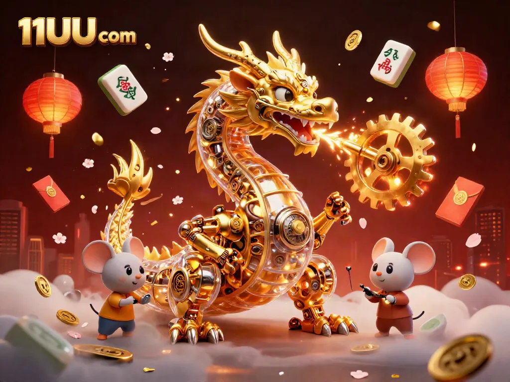 Engage in thrilling gameplay at 11UU com with a vibrant 3D casino illustration showcasing a golden dragon and festive elements.