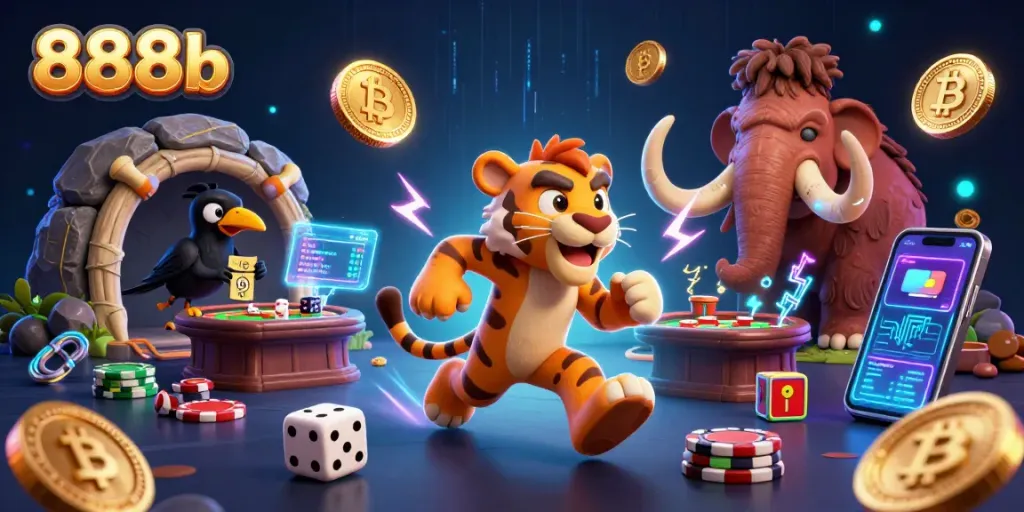 Experience thrilling gameplay at 888b with vibrant 3D casino characters and crypto elements.