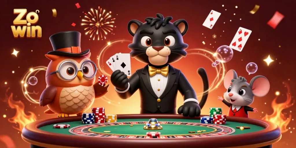Join the excitement at Zo win with a stylish panther dealer, celebrating with poker, chips, and fireworks.