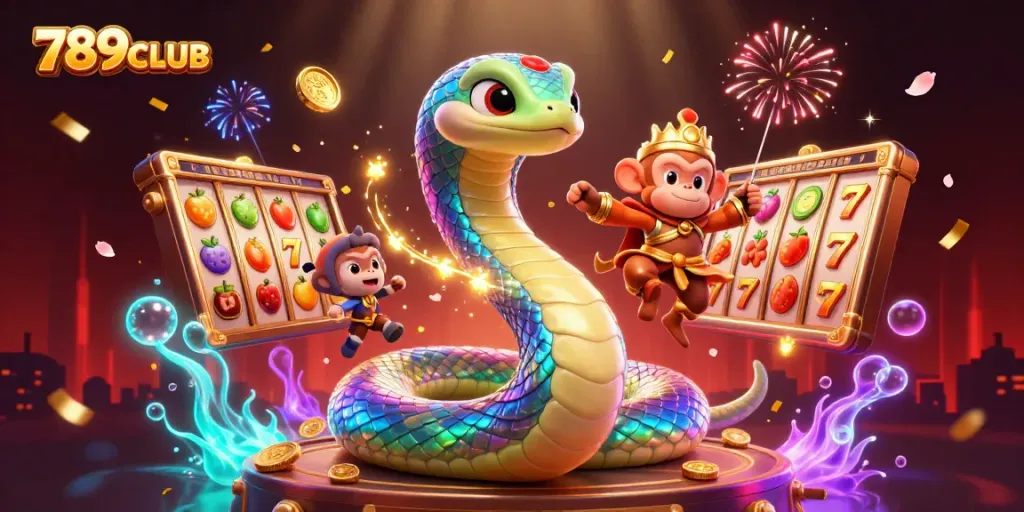 Experience excitement at 789CLUB with a vibrant 3D illustration showcasing dynamic game elements and festive atmosphere.