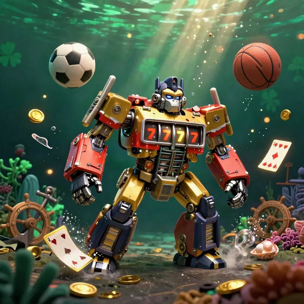 Golden gorilla mech and monkey pilot amid underwater casino treasure with sports balls