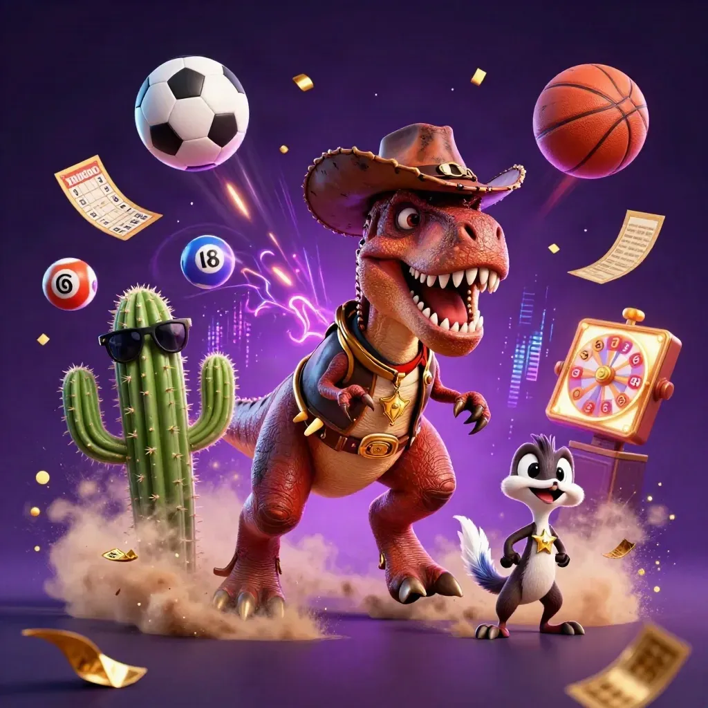 Cowboy T-Rex, cactus, and roadrunner burst through casino sports props in neon light.