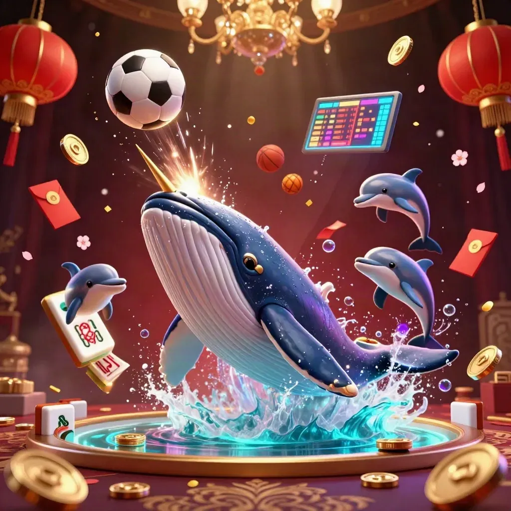 Whale captain, narwhal, and dolphins burst through coins with balls and casino props in neon light.