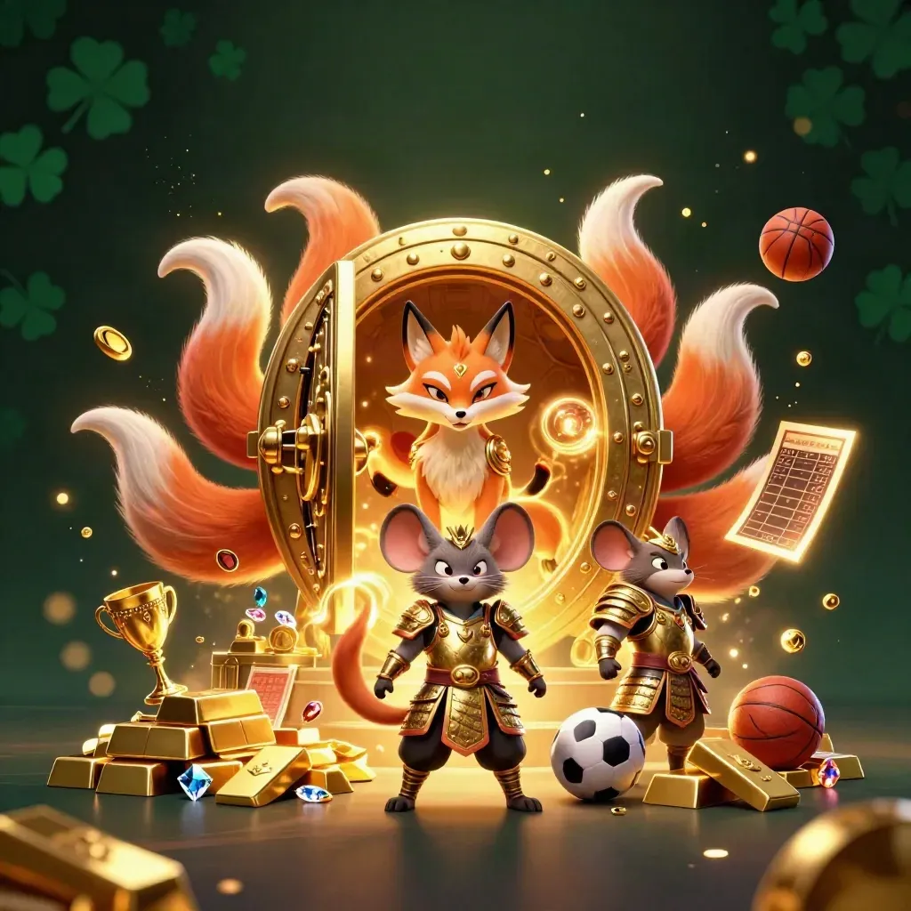 Nine-tailed fox spirit and armored samurai mouse amid a golden vault burst, loot, and casino props.
