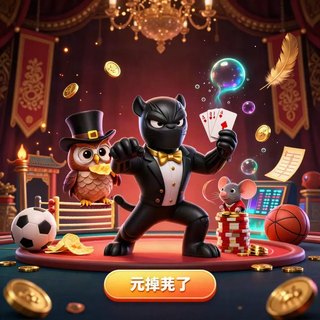 Panther, owl, and mouse in luxe casino battle scene with ring, temple gate, coins, and glow