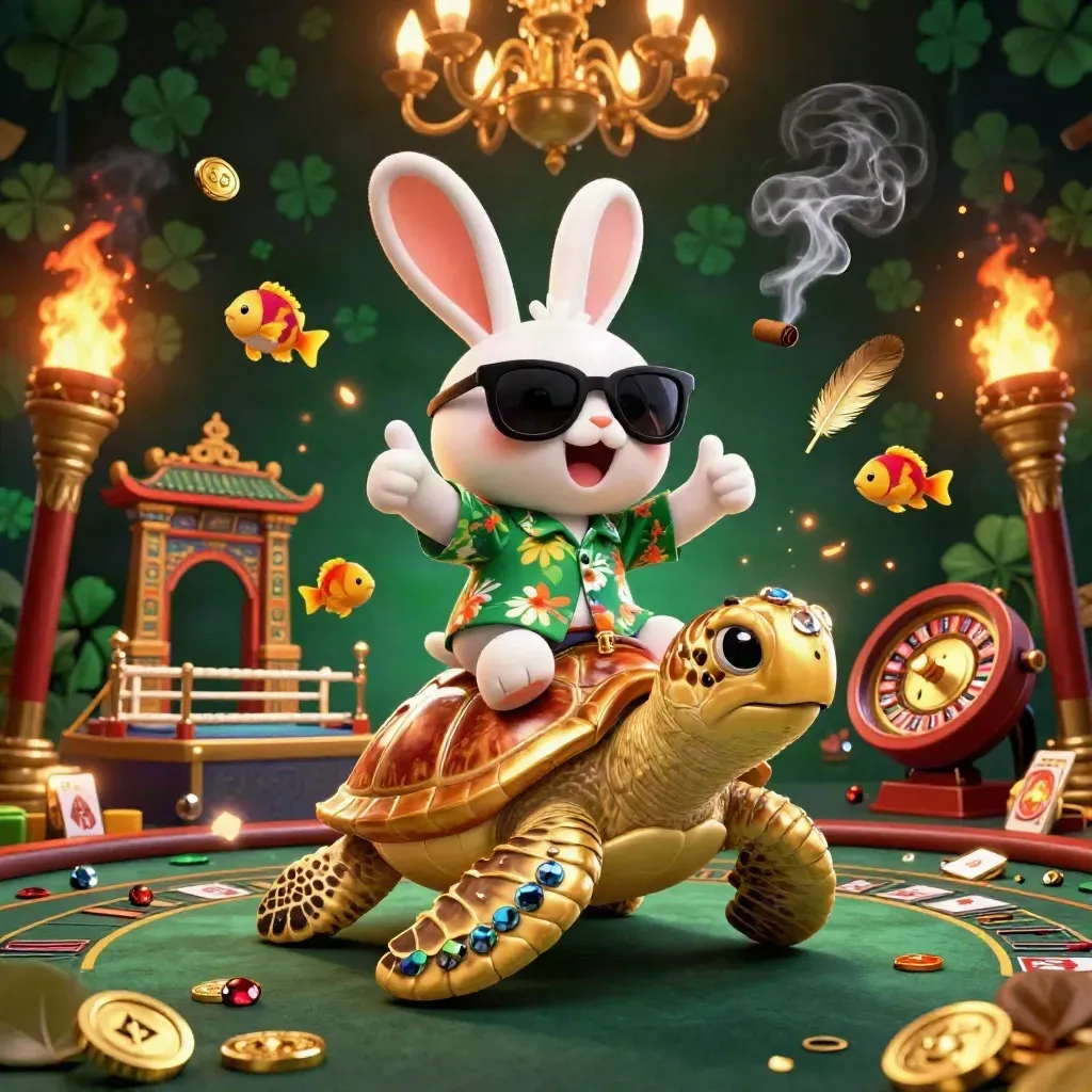Rabbit rides a golden turtle in a neon casino scene with roulette, cards, gems, and ember light.
