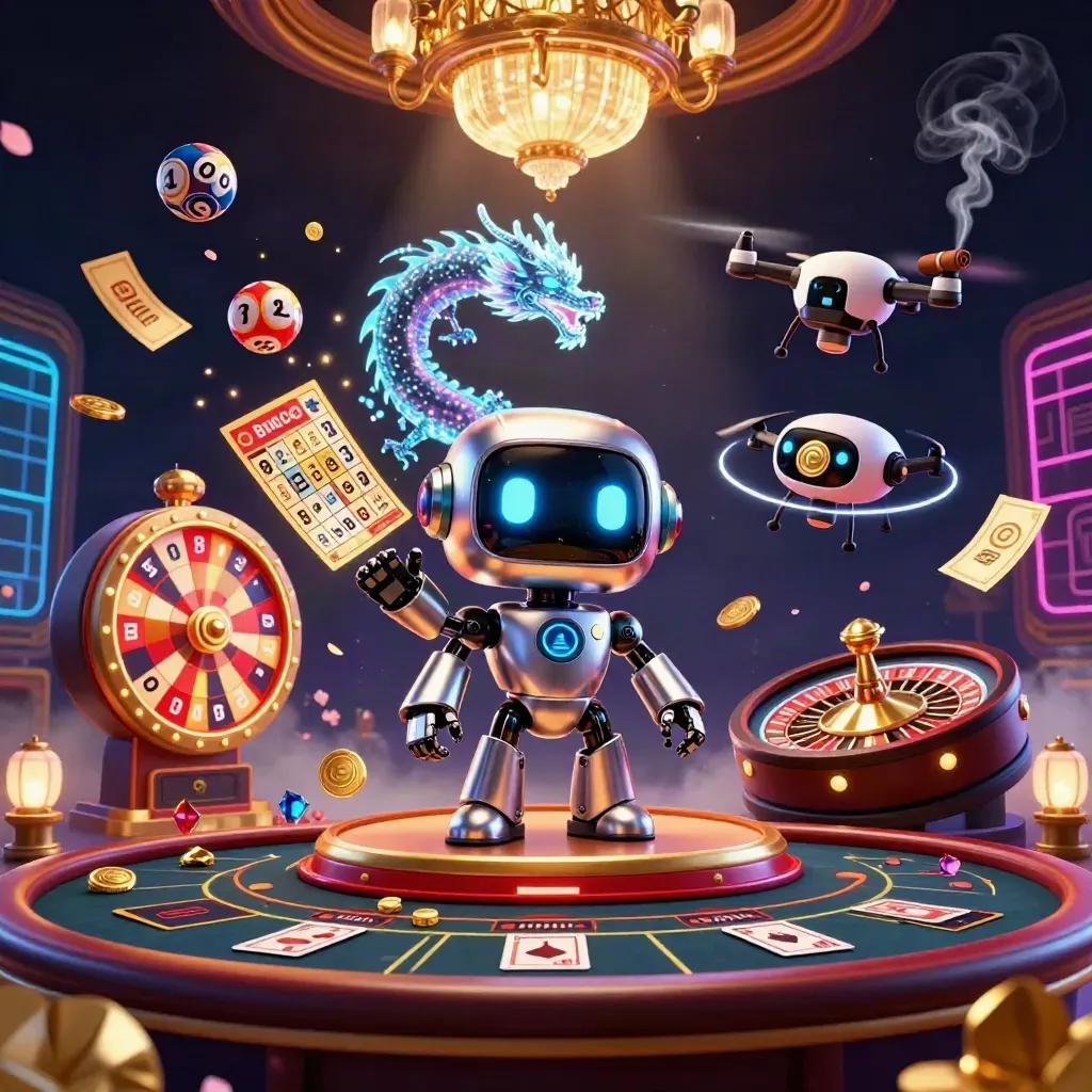 Cyberpunk robot, holographic dragon, drone, casino props, neon grid, chandelier-lit luxury