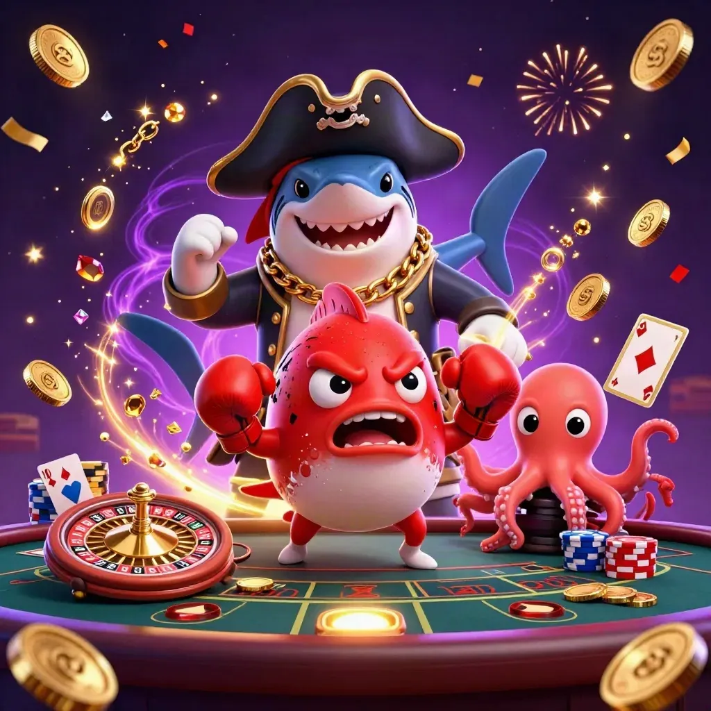 Pirate shark, pufferfish boxer, and octopus amid gold coins, roulette glow, and purple casino energy.