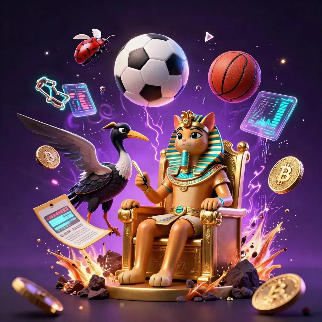 Pharaoh cat, ibis, and scarabs amid flying balls, coins, lightning, and purple casino energy.
