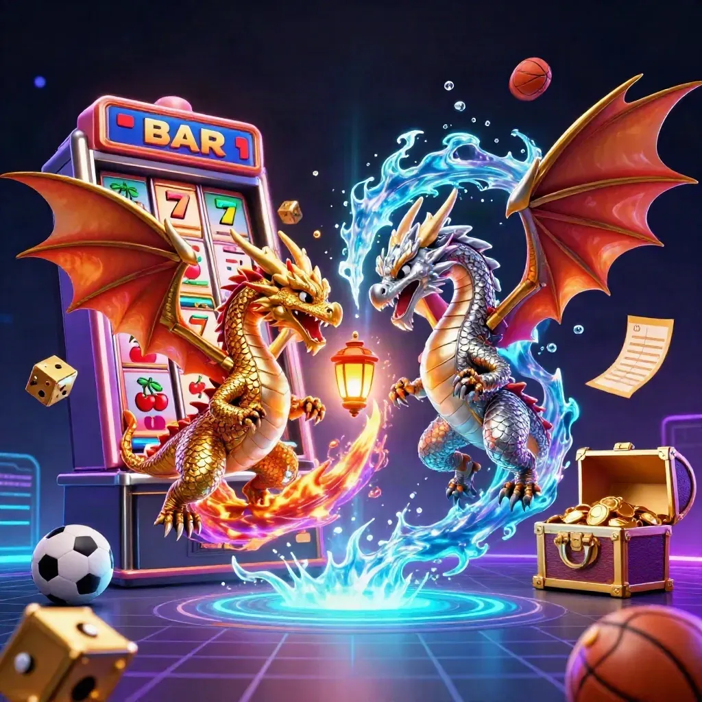 Gold and silver dragons spiral around casino icons in neon indigo haze.