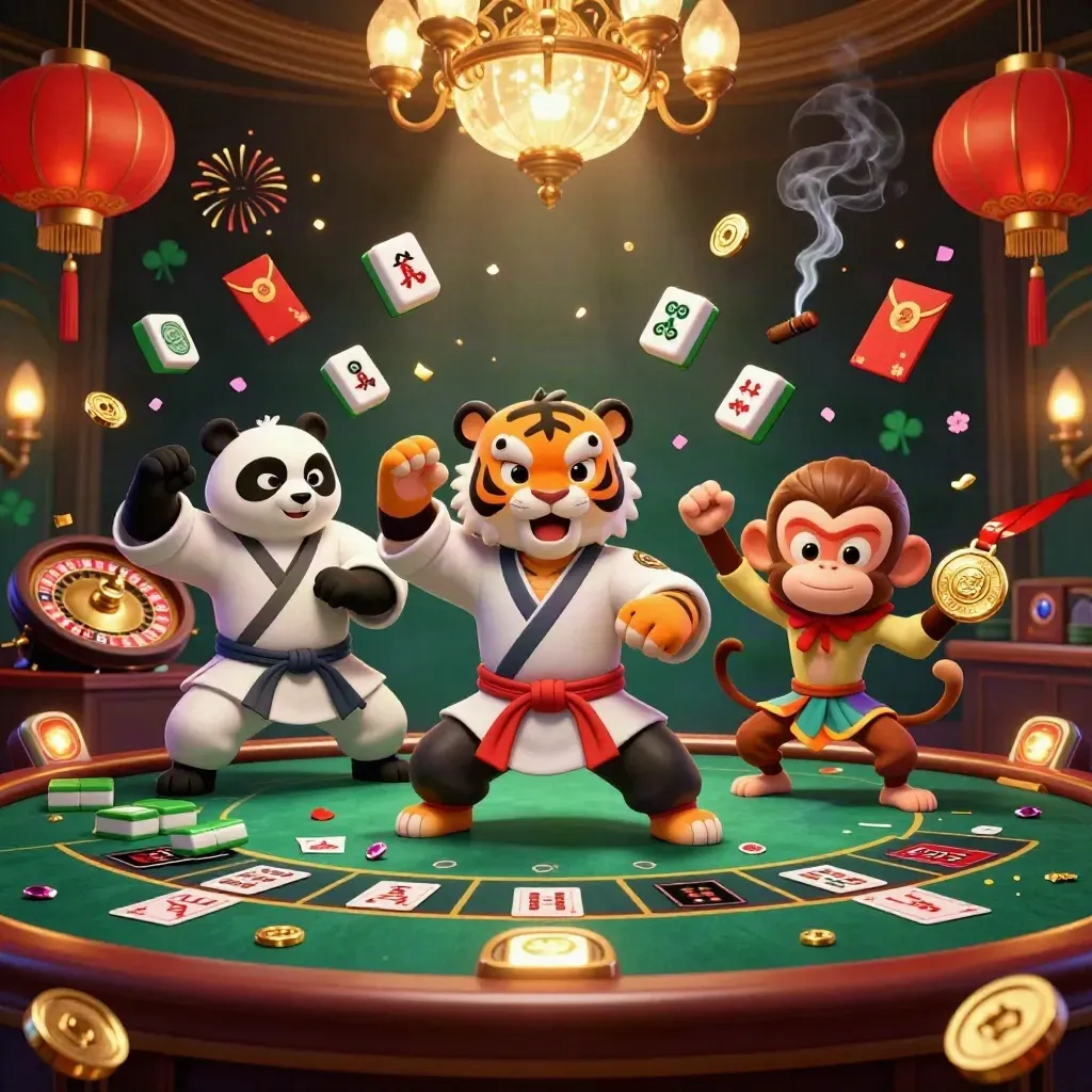 Tiger, panda, and monkey in a neon casino amid lanterns, jade coins, smoke, and brass light.