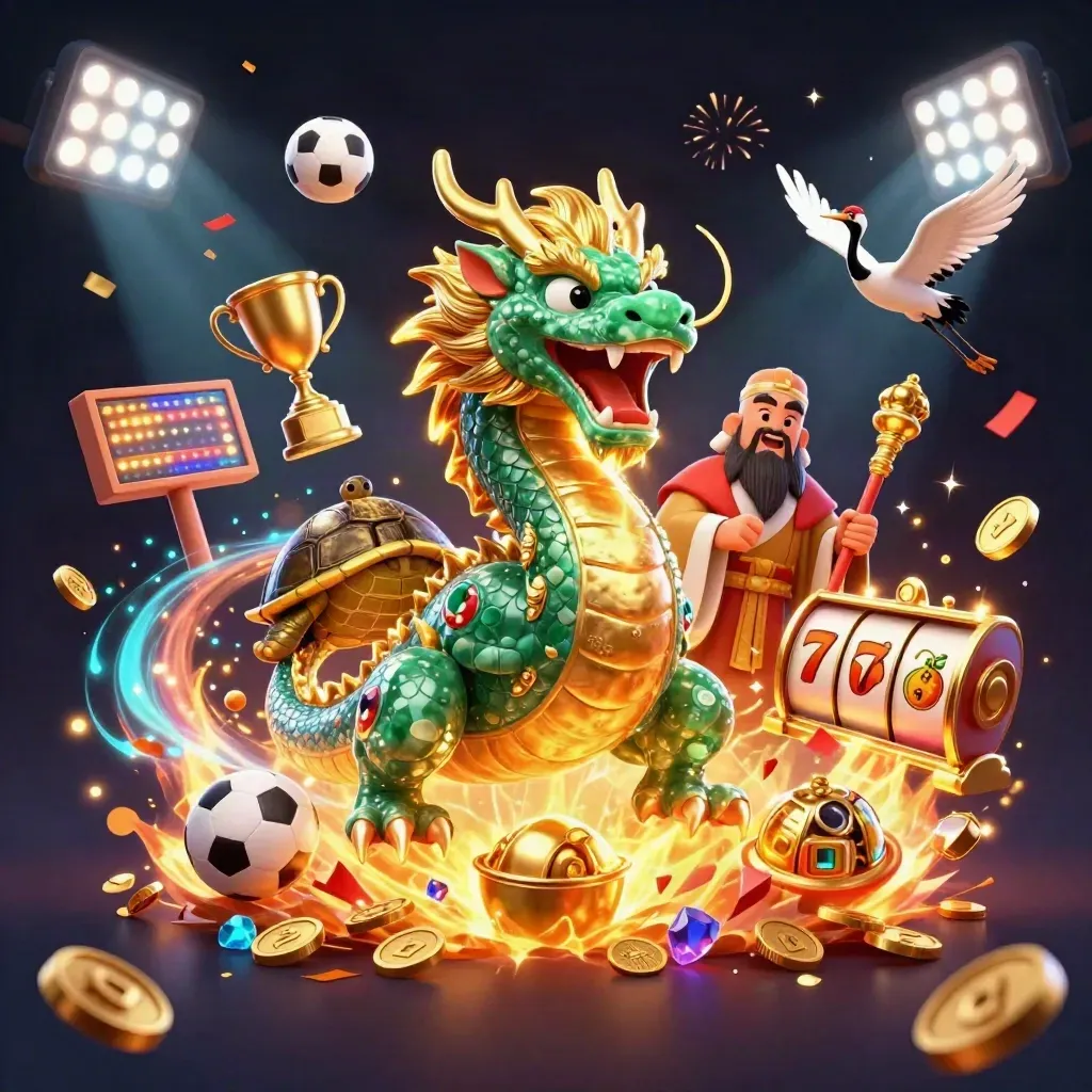 Emerald dragon, turtle sage, cranes, gold fire, coins, and casino power effects.