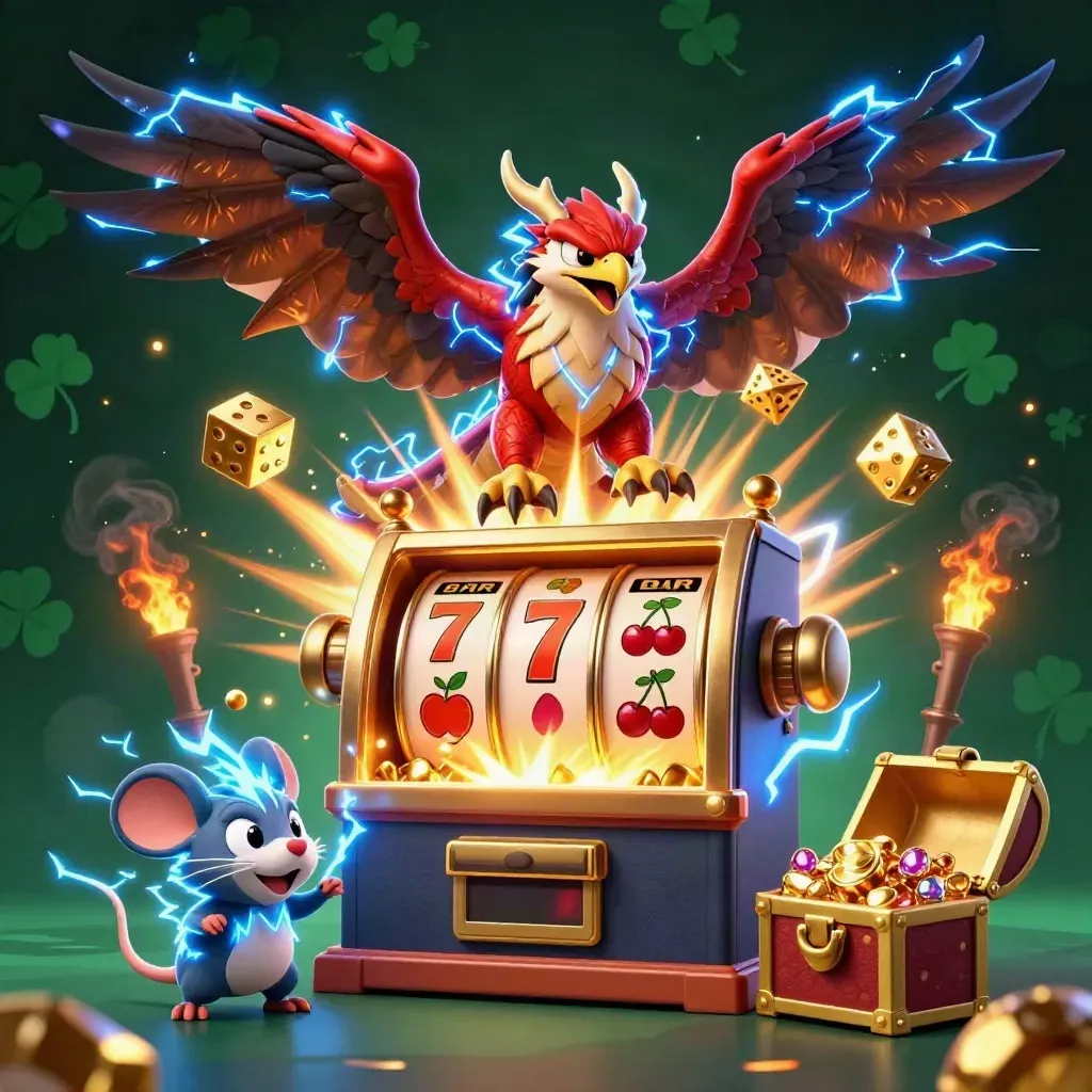 Thunder dragon, hawk, and static mouse amid exploding slots, gold, gems, and blue lightning.