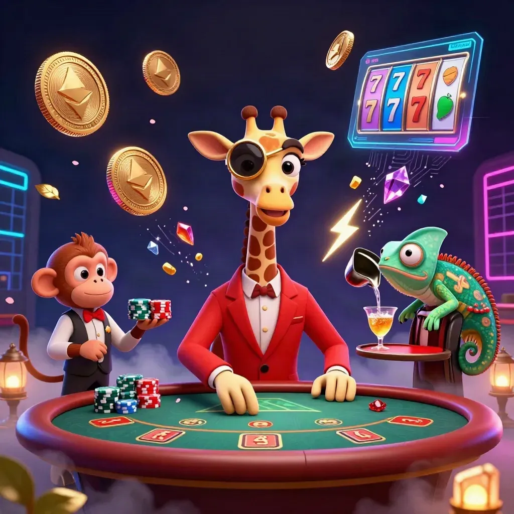 High-roller giraffe, monkey valet, and chameleon bartender amid neon casino energy