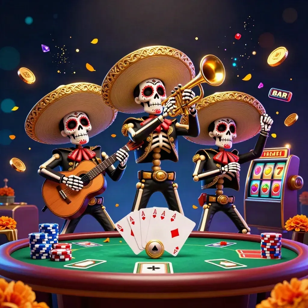 Skeleton mariachi trio amid casino chips, cards, slots, and cyan magic on a dark neon backdrop.