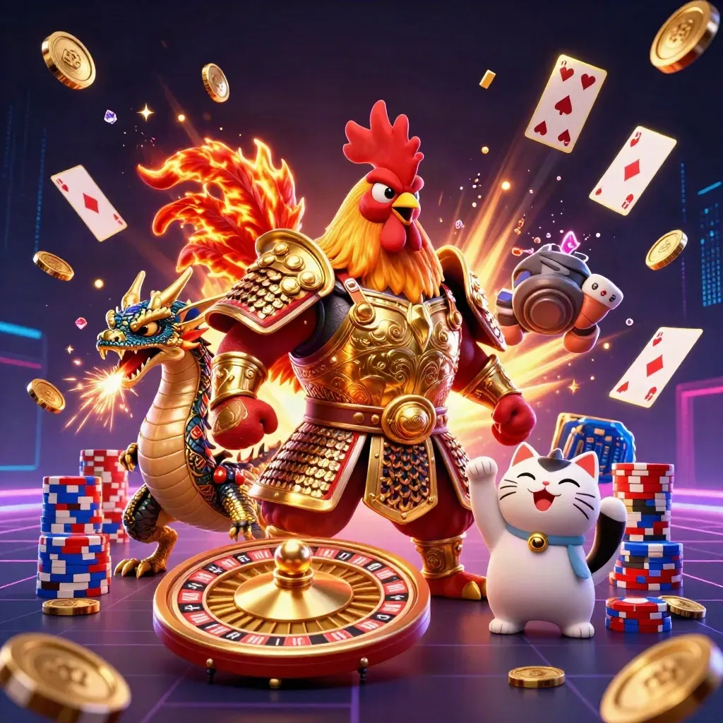 Rooster warrior, spark-breathing dragon hatchling, and fortune cat amid coins, gems, chips, and neon casino energy.