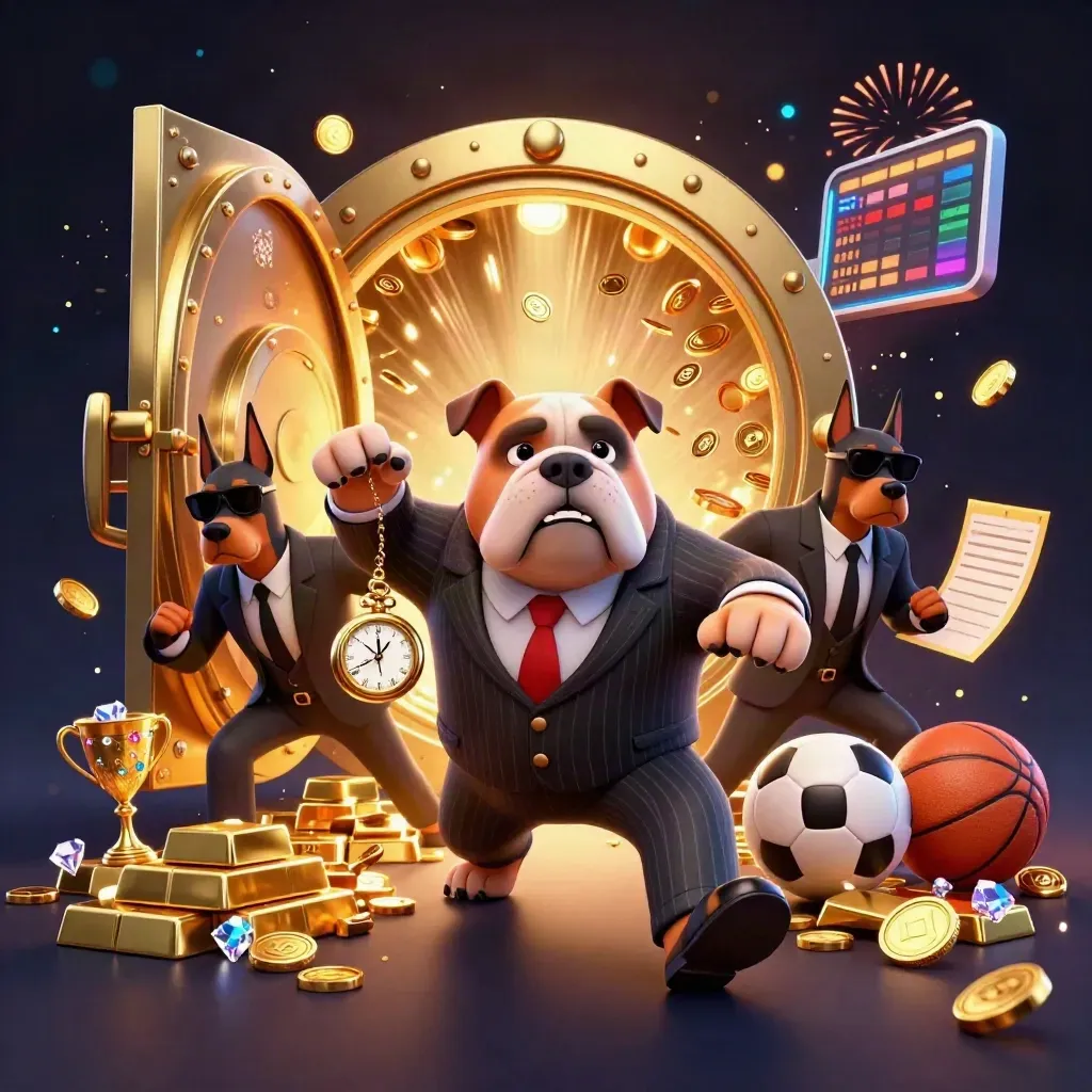 Bulldog boss and Doberman guards amid vault gold, gems, and fireworks