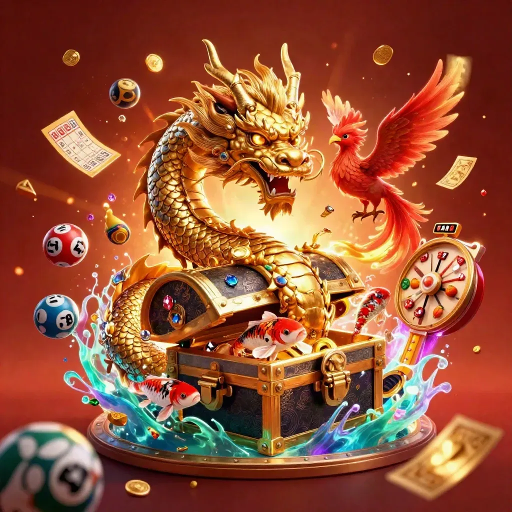 Golden dragon, phoenix, and koi exploding from treasure with casino props and neon glow.