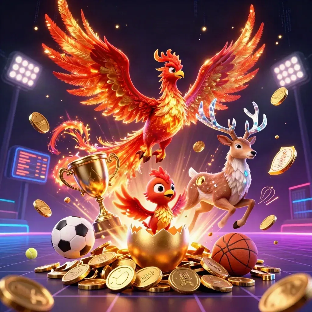 Phoenixes and a crystal stag surge through coins, trophy, floodlights, and neon casino energy.