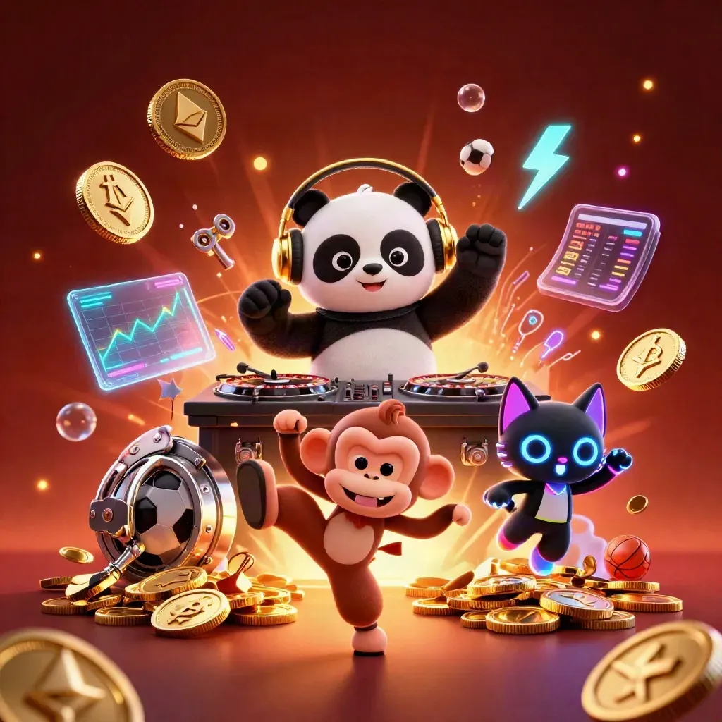 DJ panda, monkey, and glow kitten amid coins, vault burst, and neon casino effects