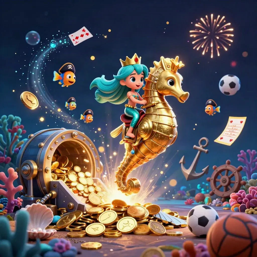 Mermaid princess on a gold-armored seahorse amid coins, fish, coral, and casino treasures.