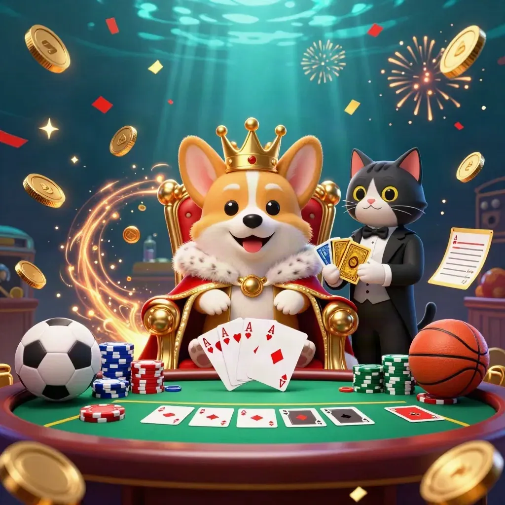 Royal corgi and cat butler amid casino treasure, chips, fireworks, coins, and glowing sports bets.