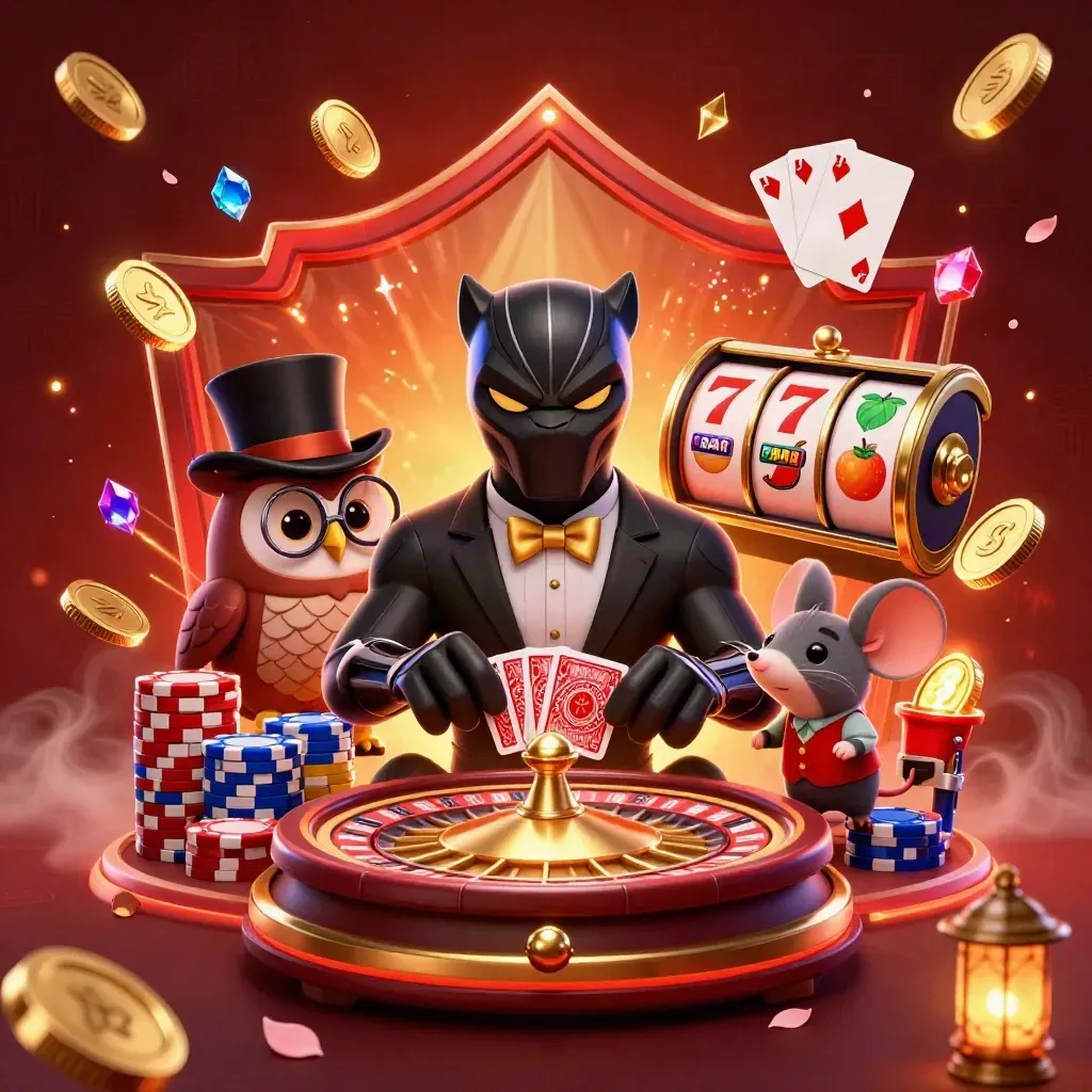 Panther, owl, and mouse deal cards amid chips, coins, reels, and roulette in crimson casino glow.