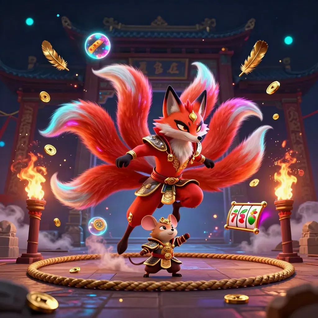 Neon nine-tailed fox and armored mouse amid casino relics, flames, coins, and temple gate